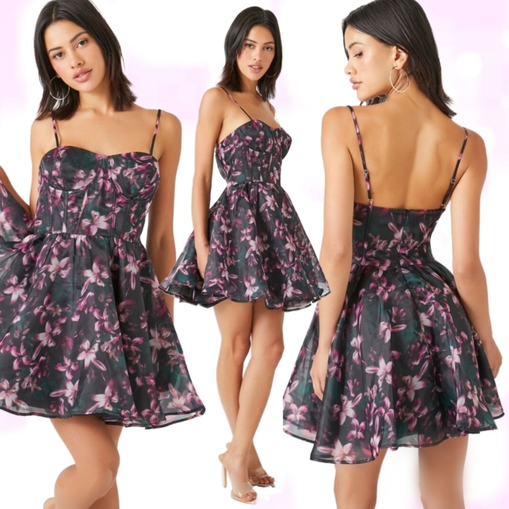 Organza Floral Print Mini Dress